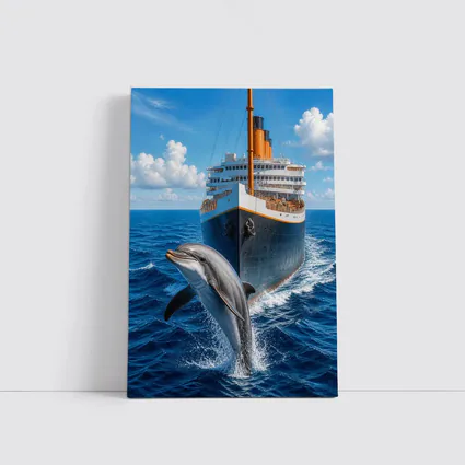 Dolphin Leaping Beside Classic Ocean Liner