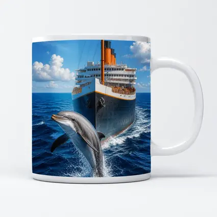 Dolphin Leaping Beside Classic Ocean Liner