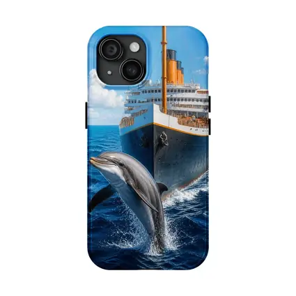 Dolphin Leaping Beside Classic Ocean Liner