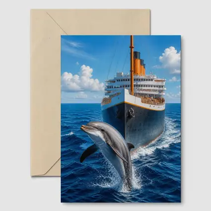 Dolphin Leaping Beside Classic Ocean Liner