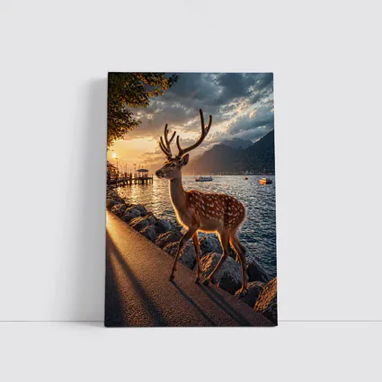 Spotted Deer Stag by Sunset Lake Shore