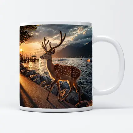 Spotted Deer Stag by Sunset Lake Shore
