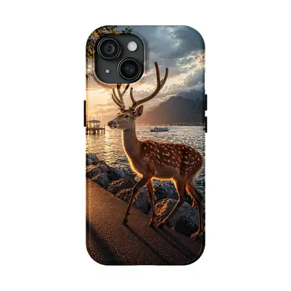 Spotted Deer Stag by Sunset Lake Shore