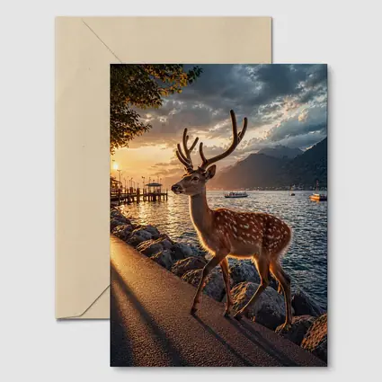 Spotted Deer Stag by Sunset Lake Shore