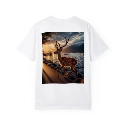 Spotted Deer Stag by Sunset Lake Shore