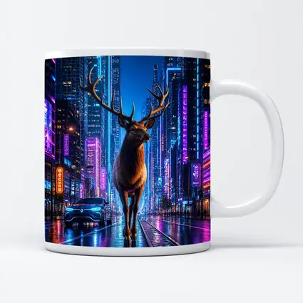 Elk Standing in Neon Cyberpunk City Night