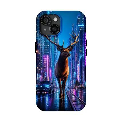 Elk Standing in Neon Cyberpunk City Night