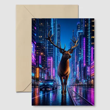 Elk Standing in Neon Cyberpunk City Night