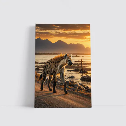 Spotted Hyena Walking At Golden Sunset