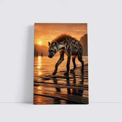 Spotted Hyena Walking at Glowing Sunset
