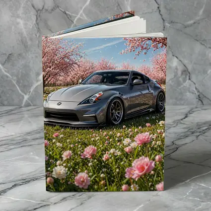 Nissan 370Z Gray Sports Car Cherry Blossoms