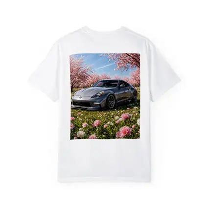 Nissan 370Z Gray Sports Car Cherry Blossoms