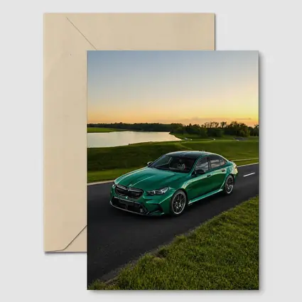 BMW M5 Green Sedan Sunset Road