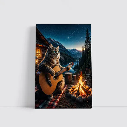 Cat Playing Guitar By Mountain Campfire