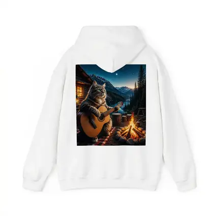 Cat Playing Guitar By Mountain Campfire