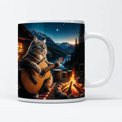 Cat Playing Guitar By Mountain Campfire