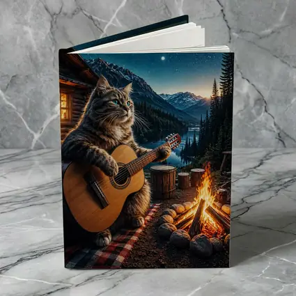Cat Playing Guitar By Mountain Campfire