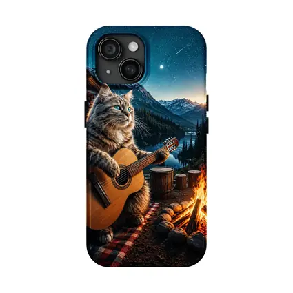 Cat Playing Guitar By Mountain Campfire