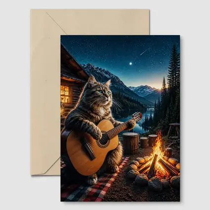 Cat Playing Guitar By Mountain Campfire
