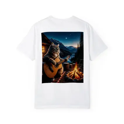 Cat Playing Guitar By Mountain Campfire