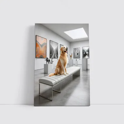 Golden Retriever Sitting in Modern Art Gallery