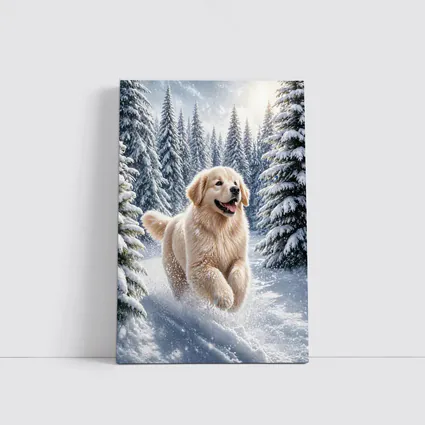 Golden Retriever Running Through Snowy Winter Forest