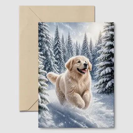 Golden Retriever Running Through Snowy Winter Forest