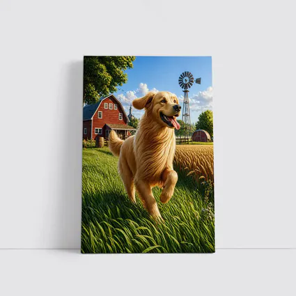 Golden Retriever Running on Sunny Farm