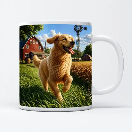 Golden Retriever Running on Sunny Farm