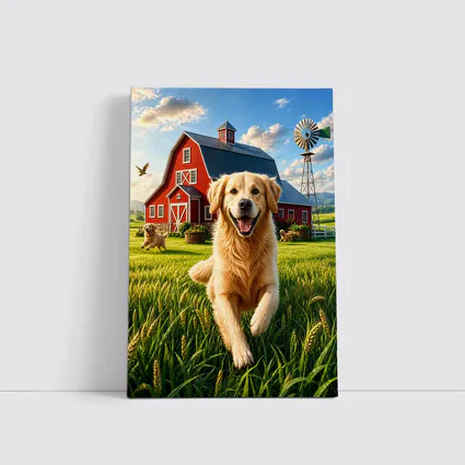 Golden Retriever Running Farm Red Barn