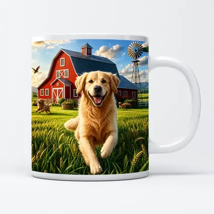 Golden Retriever Running Farm Red Barn
