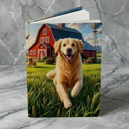 Golden Retriever Running Farm Red Barn