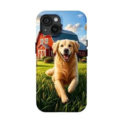 Golden Retriever Running Farm Red Barn