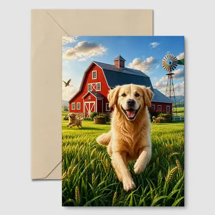 Golden Retriever Running Farm Red Barn