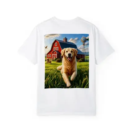 Golden Retriever Running Farm Red Barn