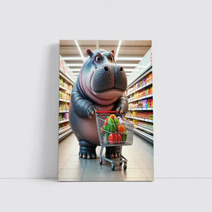 Cartoon Hippo Shopping Cart Grocery Store