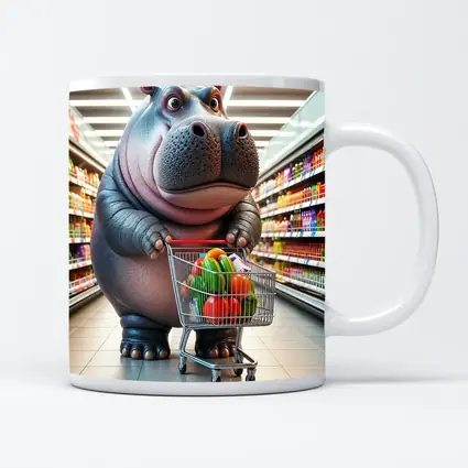 Cartoon Hippo Shopping Cart Grocery Store