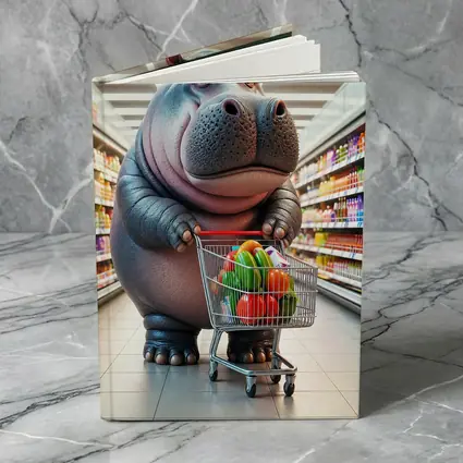 Cartoon Hippo Shopping Cart Grocery Store