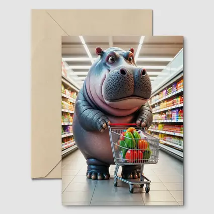 Cartoon Hippo Shopping Cart Grocery Store