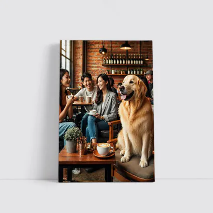 Golden Retriever Sitting in Cozy Cafe