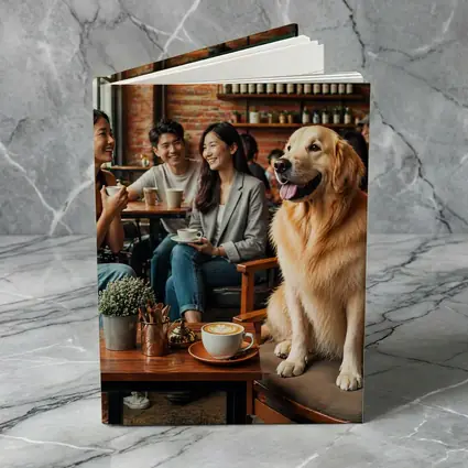 Golden Retriever Sitting in Cozy Cafe