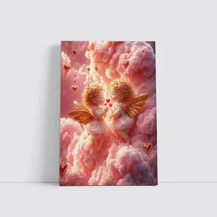 Cherub Angels Pink Clouds Gold Hearts
