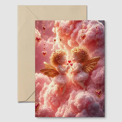 Cherub Angels Pink Clouds Gold Hearts