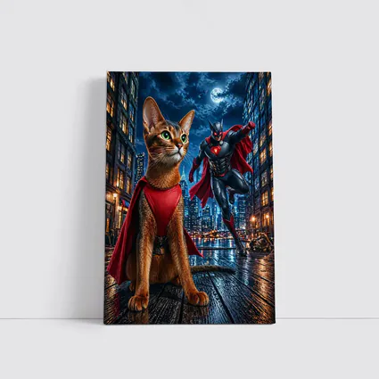 Abyssinian Cat Superhero Night City Scene