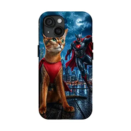 Abyssinian Cat Superhero Night City Scene