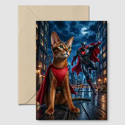 Abyssinian Cat Superhero Night City Scene