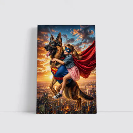 Superhero Girl Flying With German Shepherd