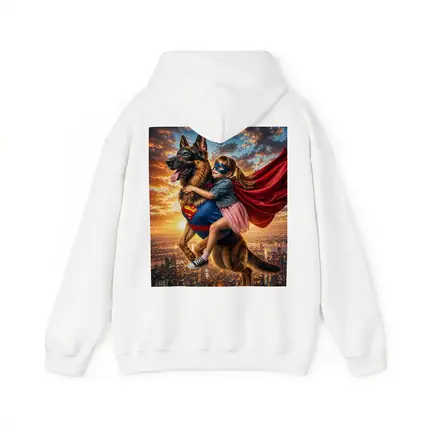 Superhero Girl Flying With German Shepherd