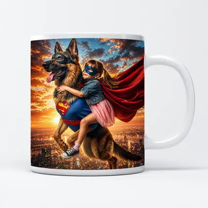 Superhero Girl Flying With German Shepherd