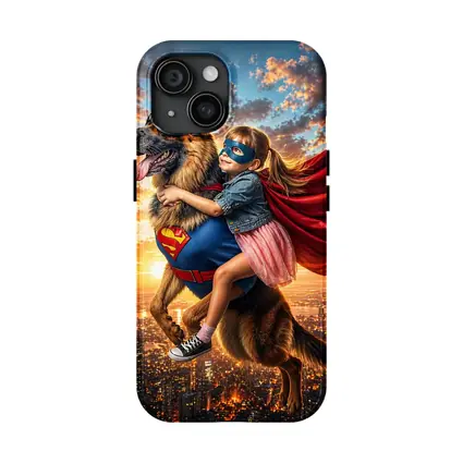 Superhero Girl Flying With German Shepherd